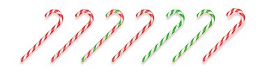 Gerçekçi Noel şekerleri seti. Gerçekçi Xmas şeker kamışı çizimi. Üst görünüm simgesi. Noel ve Yeni Yıl için tebrik kartı şablonu.