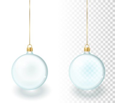 Vektör Gerçekçi 3d Noel Parıltılı Cam Balosu, Şeffaflık Ağı Arkaplanında İzole Edilmiş Mock-up Kapanış. Xmas ve Yeni Yıl Ağacı Oyuncak Oyuncak Balosu Tasarım Şablonu