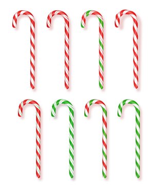 Gerçekçi Noel şekerleri seti. Gerçekçi Xmas şeker kamışı çizimi. Üst görünüm simgesi. Noel ve Yeni Yıl için tebrik kartı şablonu