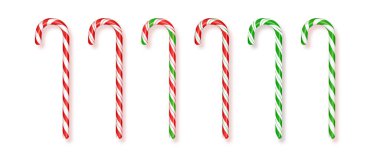 Gerçekçi Noel şekerleri seti. Gerçekçi Xmas şeker kamışı çizimi. Üst görünüm simgesi. Noel ve Yeni Yıl için tebrik kartı şablonu