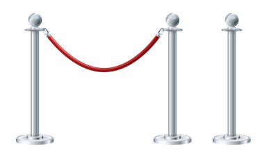 Geri çekilebilir kemer askısı. Taşınabilir bant engeli. Kırmızı halı ve gümüş ipler. Özel bir etkinlik, film galası, gala, tören, ödül konsepti. Vektör