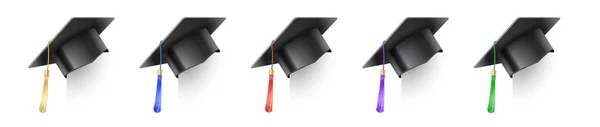 Bir dizi gerçekçi havan topu şapkası. Çok renkli püskülleri olan bir öğrencinin mezuniyet şapkası. Üniversite mezuniyetinde siyah şapka. Akademik eğitimin sembolü, üniversite başkanlığı — Stok Vektör