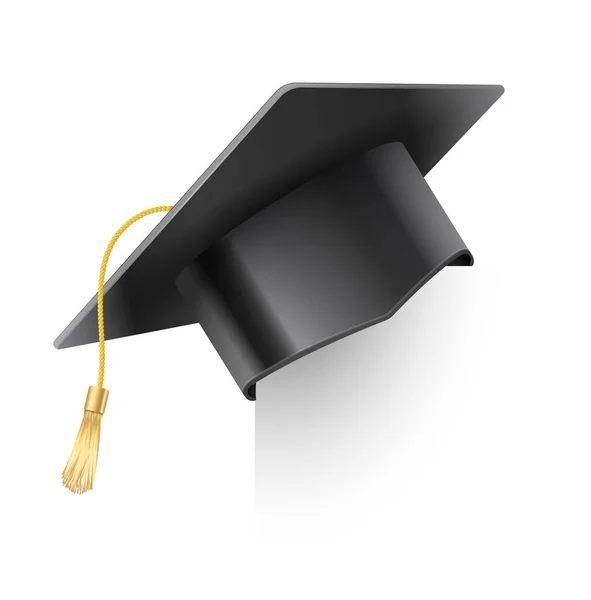 Sombrero de mortero realista vectorial con borla dorada. Tapa de graduación. Universidad sombrero negro de graduación. Símbolo de educación académica, cabecera de bachillerato universitario — Archivo Imágenes Vectoriales