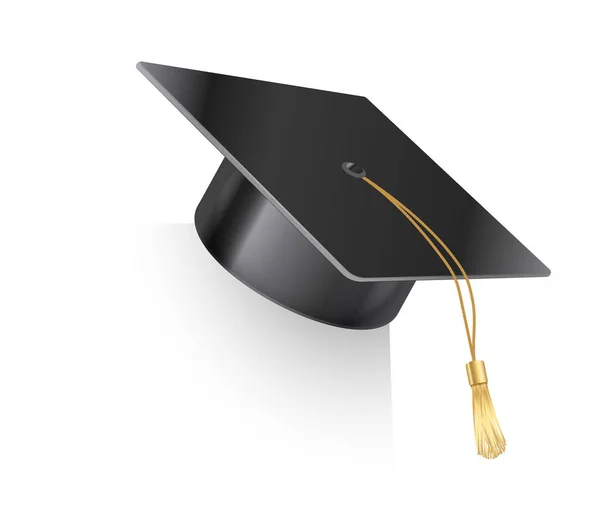 Altın püsküllü gerçekçi havan topu şapkası. Mezuniyet şapkası. Üniversite mezuniyeti siyah şapkalı. Akademik eğitim sembolü, yüksek üniversite lisans başlığı — Stok Vektör