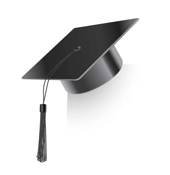 Siyah püsküllü gerçekçi havan topu şapkası. Mezuniyet şapkası. Üniversite mezuniyeti siyah şapkalı. Akademik eğitim sembolü, yüksek üniversite lisans başlığı — Stok Vektör