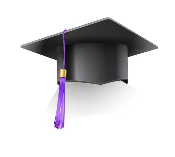 Chapeau de mortier réaliste vectoriel. Casquette étudiante en droit avec pompon violet. Chapeau noir à la remise des diplômes à l'université. Symbole de l'enseignement académique, coiffure du baccalauréat universitaire supérieur. — Image vectorielle