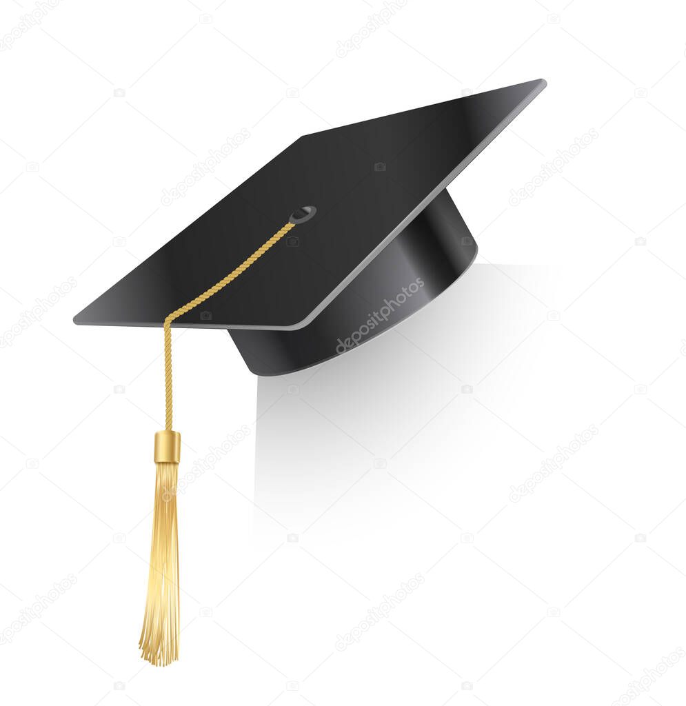 Vector realistic mortar board hat with golden tassel. Graduation cap. University graduation black hat. Academic education symbol, high University bachelor headware
