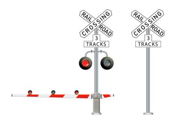 Amerika Birleşik Devletleri 'nde yol tabelaları ve demiryolu geçiş engelleri kullanılıyor. Trafik ışığı, beyaz arka planda izole edilmiş demiryolu engelleri, başlangıç için tasarım konsepti, iş çözümleri,