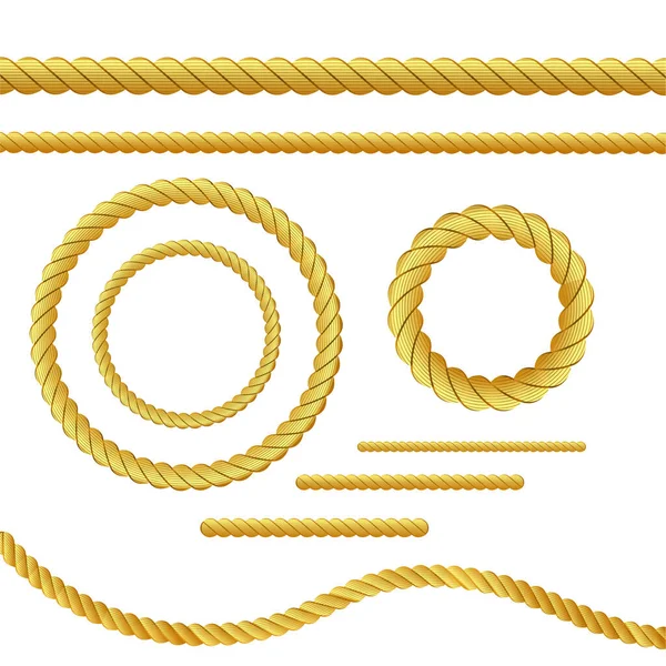 Corde en or de nœuds de corde torsadés nautiques réalistes, boucles pour la décoration et revêtement isolé sur fond transparent. Design art vintage rétro — Image vectorielle