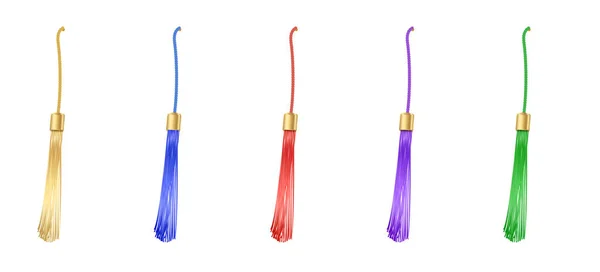 Met Tassel. Vector franje of handtas accessoire, afgestudeerde hoed geïsoleerd op witte achtergrond. Meerkleurig 3d touw met kwastje, opknoping gordijn decoratie element ontwerp — Stockvector