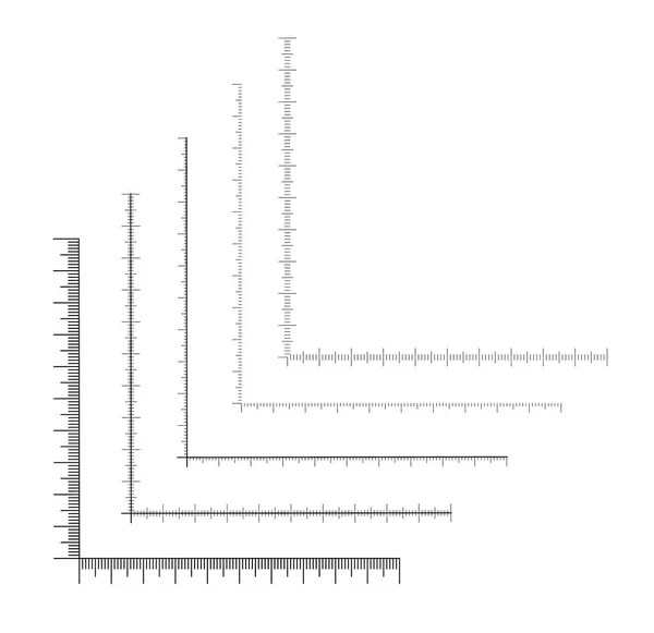 Corner ruler vector. Size indicators set isolated on background. Unit distances. Concept graphic element. Measuring scales. — Vetor de Stock