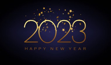 2023 Yeni Yıl altın sarısı, soyut parlak altın tasarım elementi ve koyu arkaplan üzerindeki parıltı etkisi. Takvim için poster tasarımı