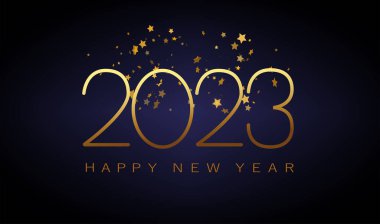 2023 Yeni Yıl altın sarısı, soyut parlak altın tasarım elementi ve koyu arkaplan üzerindeki parıltı etkisi. Takvim için poster tasarımı