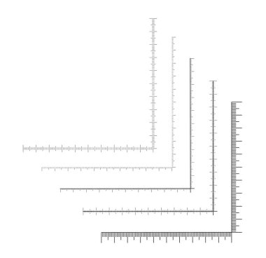 Köşe cetvel vektörü. Arkaplanda boyut göstergeleri izole edildi. Birim mesafeleri. Grafik elementi kavramı. Ölçek ölçüsü.
