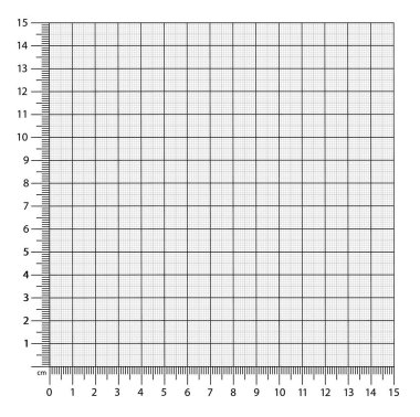 Beyaz arka planda izole edilmiş köşe yöneticilerinin vektör çizimi. Mavi çizim kağıdı ızgarası. Dikey ve yatay ölçüm terazileri. Milimetre grafik kağıt ızgara şablonu