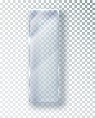 Şeffaf bir arka planda cam plaka. Parlak ve parlak camlar. Dikdörtgen bir çerçevede gerçekçi şeffaf cam pencere.