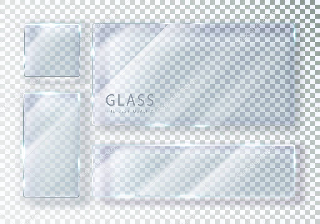 Set of transparent glass banners. Vector glass plates with place for inscriptions. Flat glass isolated on transparent background. Realistic 3D design. Vector transparent object.