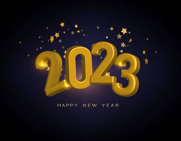Happy New Year 2023. Festive vector illustration of 2023 golden metallic numbers and sparkling sparkles. Realistic 3d sign. — Stock Vector
