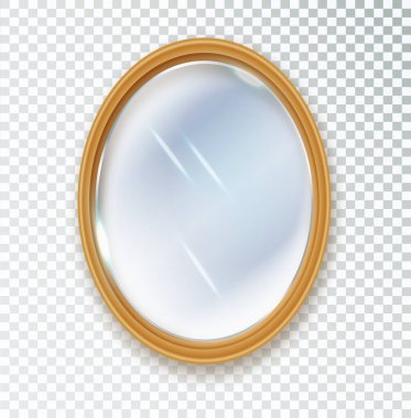 Ayna oval izole edildi. Gerçekçi oval ayna çerçevesi, beyaz ayna şablonu. Yansıtıcı cam yüzeyler izole edildi. Gerçekçi 3 boyutlu iç mobilya tasarımı