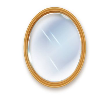 Ayna oval izole edildi. Gerçekçi oval ayna çerçevesi, beyaz ayna şablonu. Yansıtıcı cam yüzeyler izole edildi. Gerçekçi 3 boyutlu iç mobilya tasarımı
