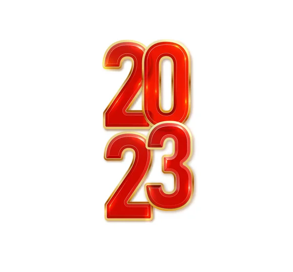 Feliz Año Nuevo 2023. Ilustración vectorial festiva 2023 números brillantes transparentes de color rojo dorado. Signo realista 3d. Cartel festivo o diseño de pancartas — Archivo Imágenes Vectoriales