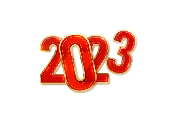 Happy New Year 2023. Festive vector illustration 2023 golden red transparent sparkling numbers. Realistic 3d sign. Festive poster or banner design — Stock vektor