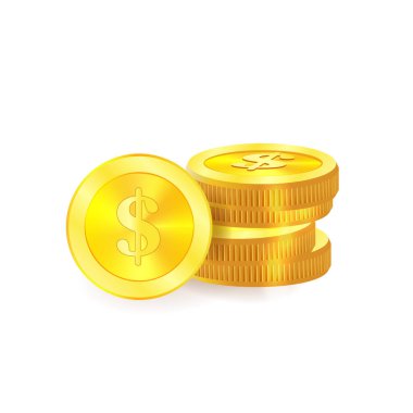 Altın sikkeler ayarlandı. Düz altın ikonu. Ekonomi, finans, para kavramı. Zenginlik sembolü çizimi beyaza izole edildi