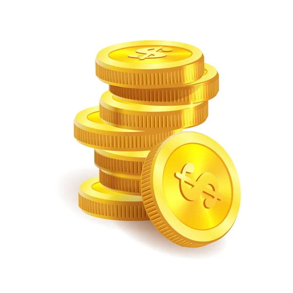 Creciente pila de monedas de oro en dólares aisladas sobre fondo blanco. Concepto económico. Ilustración vectorial — Vector de stock