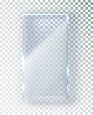 Şeffaf bir arka planda cam plaka. Parlak ve parlak camlar. Dikdörtgen bir çerçevede gerçekçi şeffaf cam pencere.