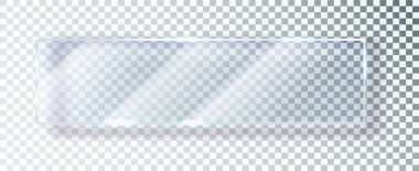 Şeffaf bir arka planda cam plaka. Parlak ve parlak camlar. Dikdörtgen bir çerçevede gerçekçi şeffaf cam pencere.