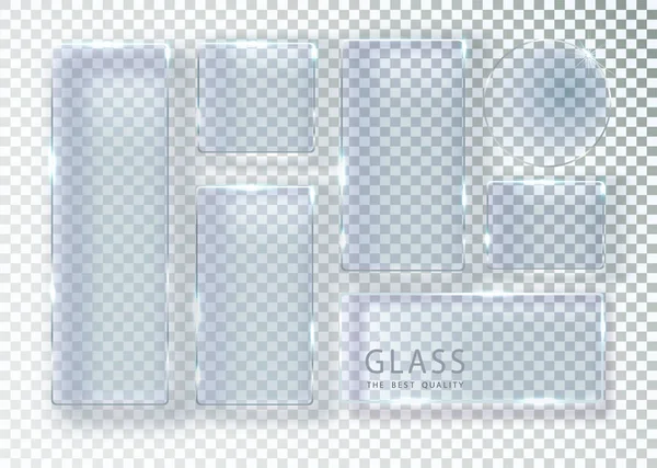 Set of transparent glass banners. Vector glass plates with place for inscriptions. Flat glass isolated on transparent background. Realistic 3D design. Vector transparent object. — Stockvektor