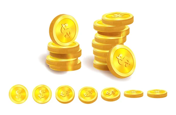 Groeiende stapel gouden dollar munten geïsoleerd op witte achtergrond. Economics concept. Vector illustratie — Stockvector