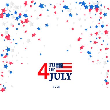 4 Temmuz tebrik kartı şablonu. 4 Temmuz ABD konfeti yıldızlarıyla Amerika 'nın Bağımsızlık Günü kutlamaları arka planda izole edildi.