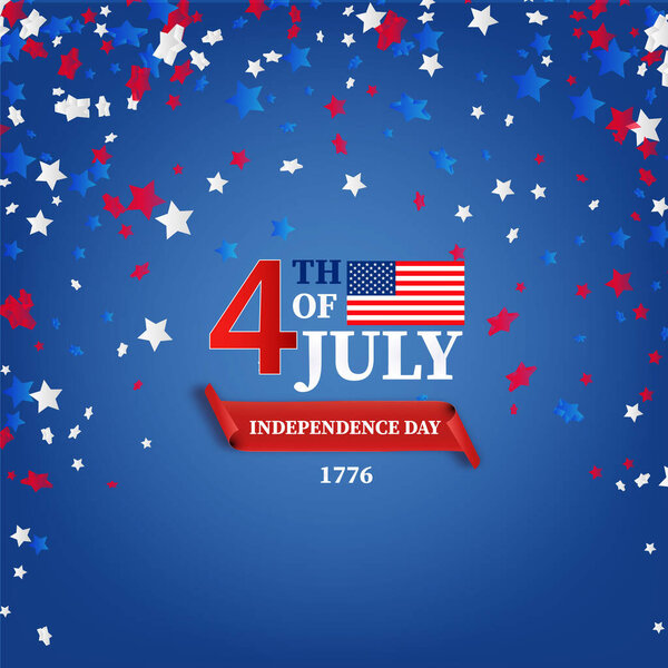 Fourth of July greeting card template. July 4 USA.USA celebration with confetti stars in national colors for American Independence Day isolated on background.