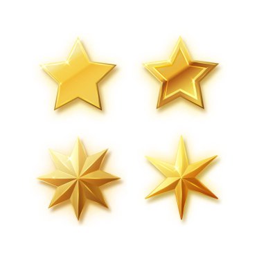 Vector stars set of realistic metallic golden stars isolated on white background. Glossy yellow 3D trophy star icon. Symbol wye of leadership.