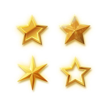 Vector stars set of realistic metallic golden stars isolated on white background. Glossy yellow 3D trophy star icon. Symbol wye of leadership.