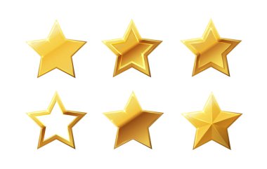 Vector stars set of realistic metallic golden stars isolated on white background. Glossy yellow 3D trophy star icon. Symbol wye of leadership.