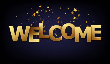 Konfeti yıldızı arkaplanlı hoş geldin mektupları. Bayram illüstrasyonunu kutlayalım. Banner yıldız konfeti dekorasyonu.