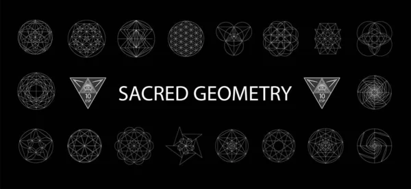 Kutsal geometri seti. Vektör ilüstrasyonu beyaza izole edildi. Kutsal geometri. Siyah arkaplanda beyaz çizgiler.