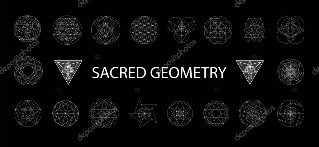 Set of sacred geometry. Vector Illustration isolated on white. Sacred geometry. White lines on a black background.