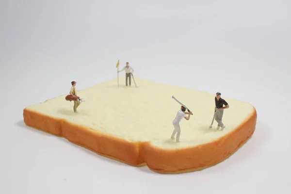 Mini Figures People Playing Golf Bread Slice — Stock Photo, Image