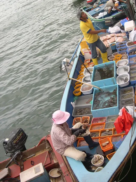 Juni 2004 Hong Kong Sai Kung Offentlig Brygga Fishin Båtar — Stockfoto