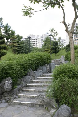 29 Haziran 2004 'te Kowloon' daki Çin bahçesinde şehir parkı duvarları örüldü