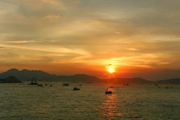 Sonnenuntergang Victoria Harbour Westlich Von Hongkong — Stockfoto