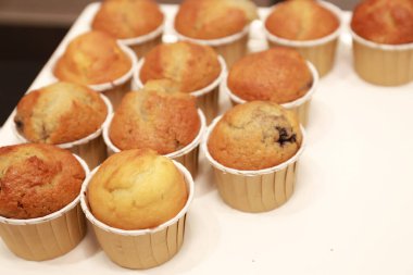 Tatlı büfesinde bir sürü mini kek, kek dolabı.