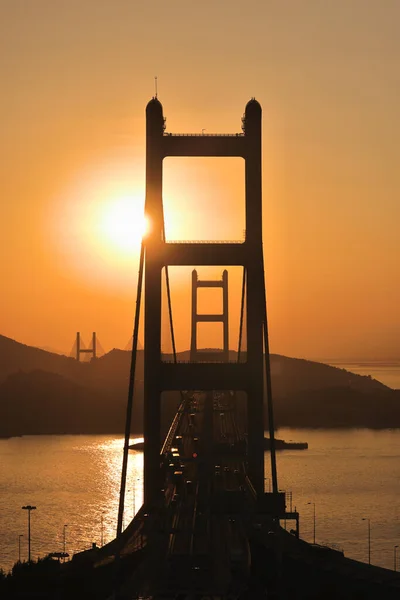 Sunset Tsing Bridge Highways Hong Kong Structure Suspen — Stock Photo, Image