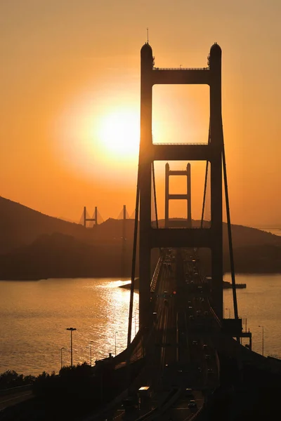 Sunset Tsing Bridge Highways Hong Kong Structure Suspen — Stock Photo, Image