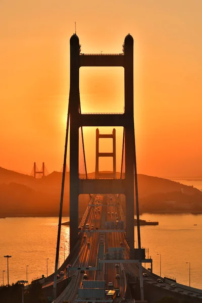 Sunset Tsing Bridge Highways Hong Kong Structure Suspen — Stock Photo, Image