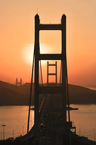 Puesta Sol Naranja Puente Tsing Carreteras Hong Kong Con Estructura —  Fotos de Stock