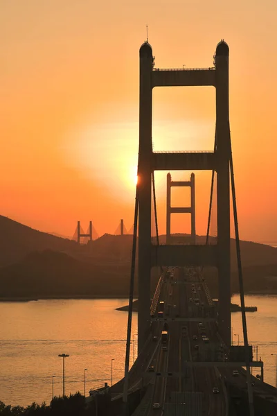 Puesta Sol Naranja Puente Tsing Carreteras Hong Kong Con Estructura —  Fotos de Stock